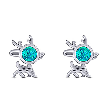 Deer Stud Earring Created Blue Opal Solid 925 Sterling Silver (10.1mm)